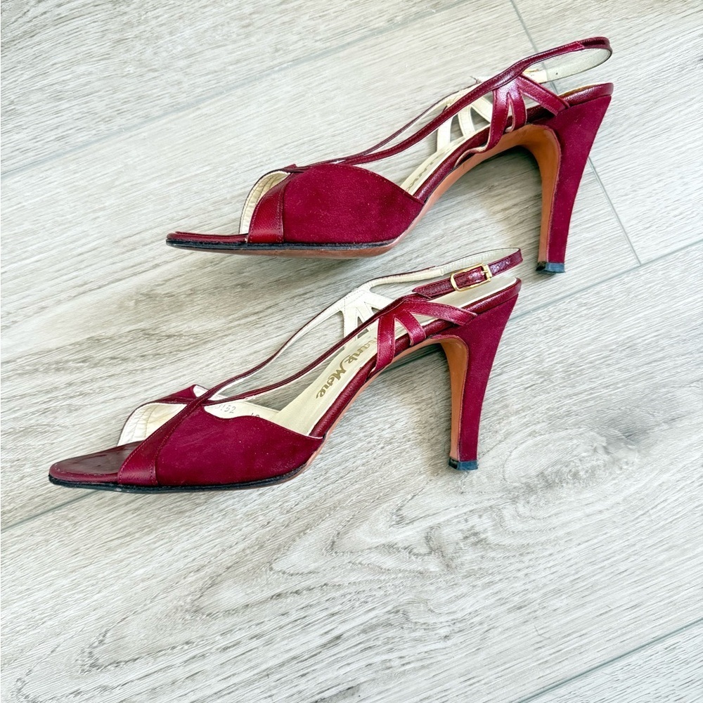 Vintage 70s Frank More New York Burgundy Peep Toe SlingBack Sandals Ankle Strap - Picture 2 of 6
